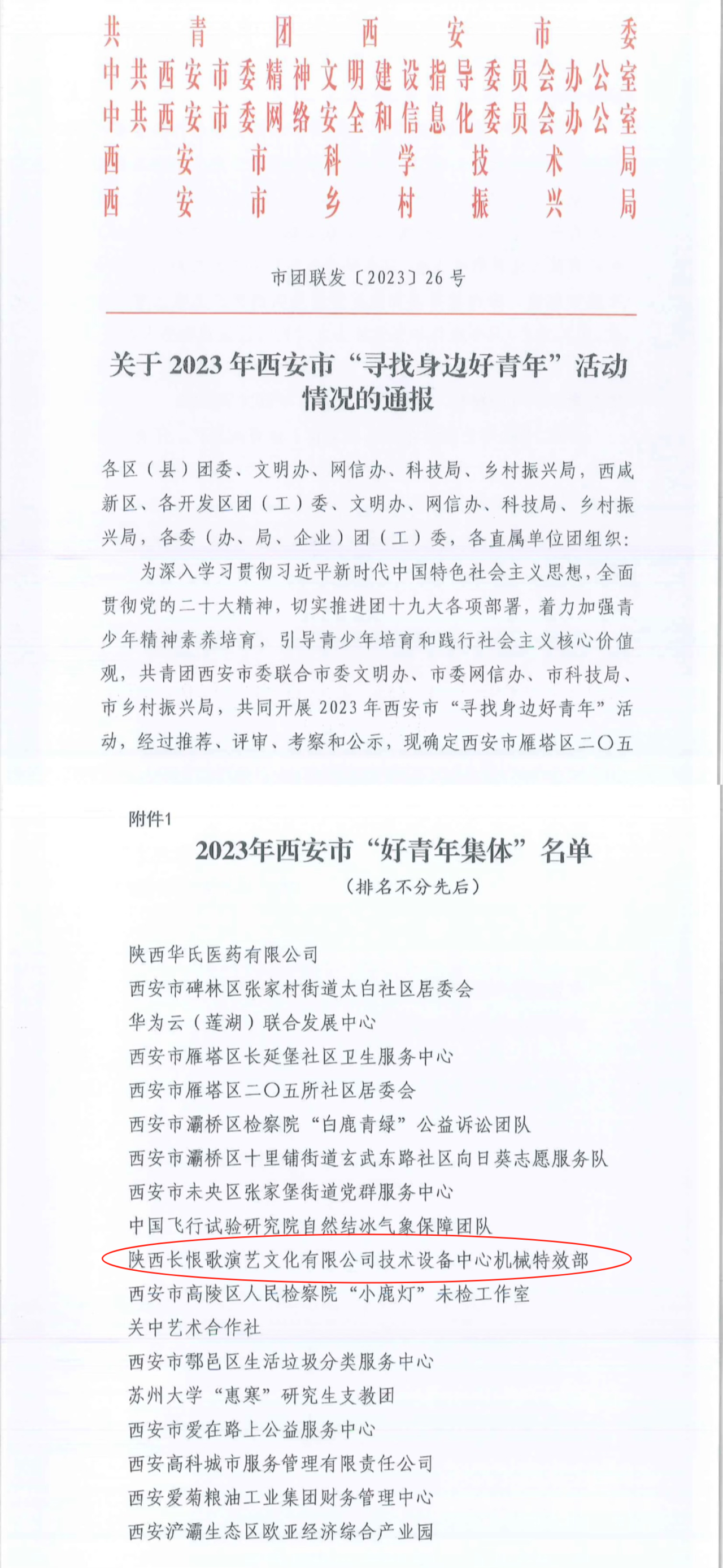 喜报！陕西长恨歌演艺文化有限公司技术设备中心机械特效部被评为2023年西安市“好青年集体”(图1)